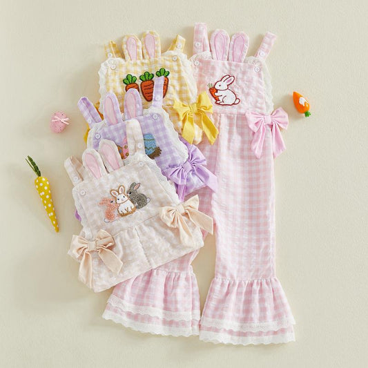 Toddler Baby Little Girls Plaid Jumpsuits Easter Egg Embroidery Sleeveless Bell-Bottom